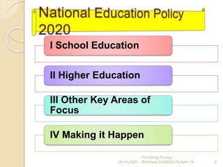 I School Education
II Higher Education
III Other Key Areas of
Focus
IV Making it Happen
29-10-2020 4
Prof Amita Pandey
Bhardwaj,SLBSNSU,N.Delhi-16
 