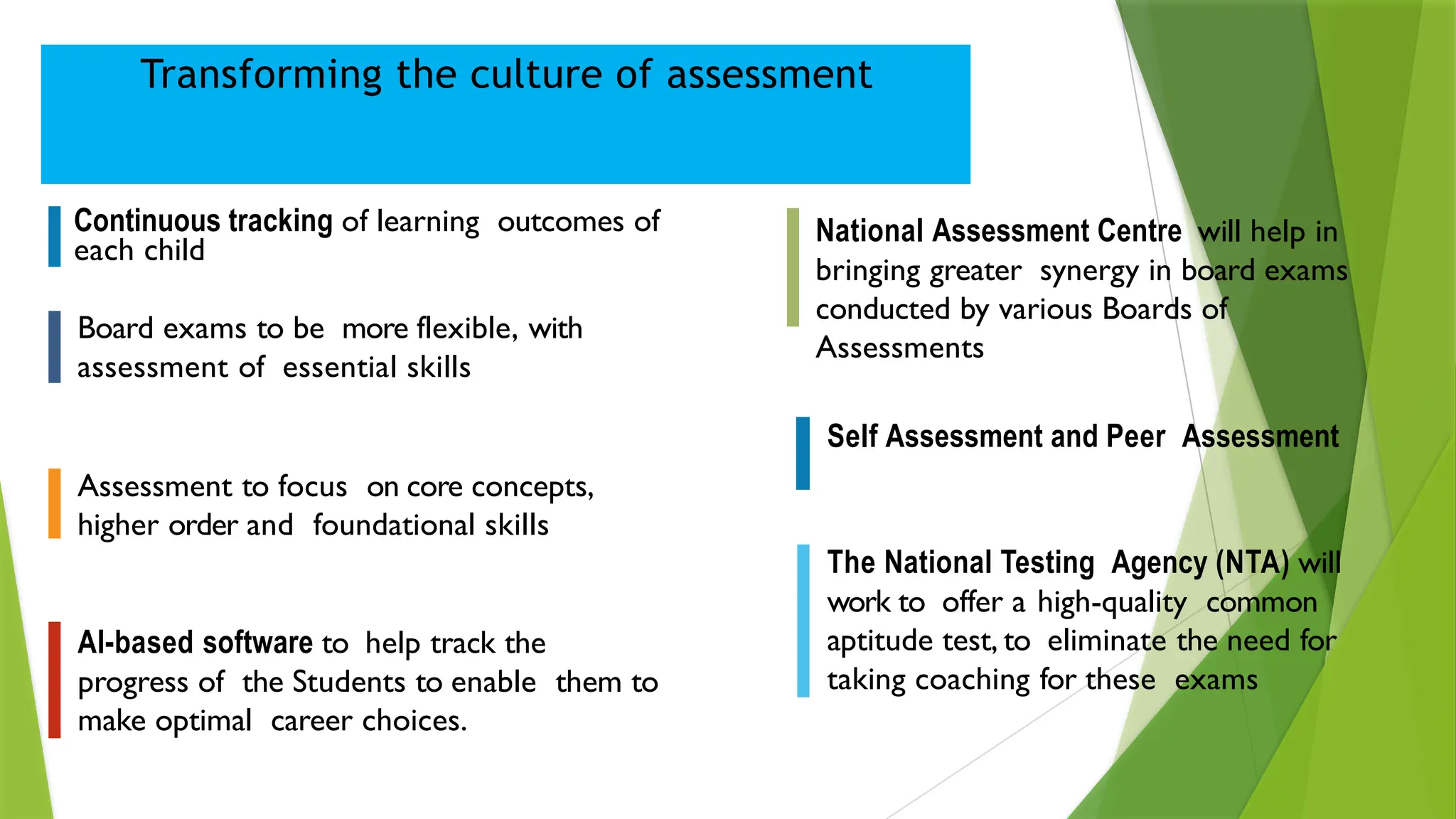 Transforming the culture of assessment
Assessment to focus on core concepts,
higher order and foundational skills
Board exams to be more flexible, with
assessment of essential skills
Continuous tracking of learning outcomes of
each child
The National Testing Agency (NTA) will
work to offer a high-quality common
aptitude test, to eliminate the need for
taking coaching for these exams
AI-based software to help track the
progress of the Students to enable them to
make optimal career choices.
Self Assessment and Peer Assessment
National Assessment Centre will help in
bringing greater synergy in board exams
conducted by various Boards of
Assessments
 