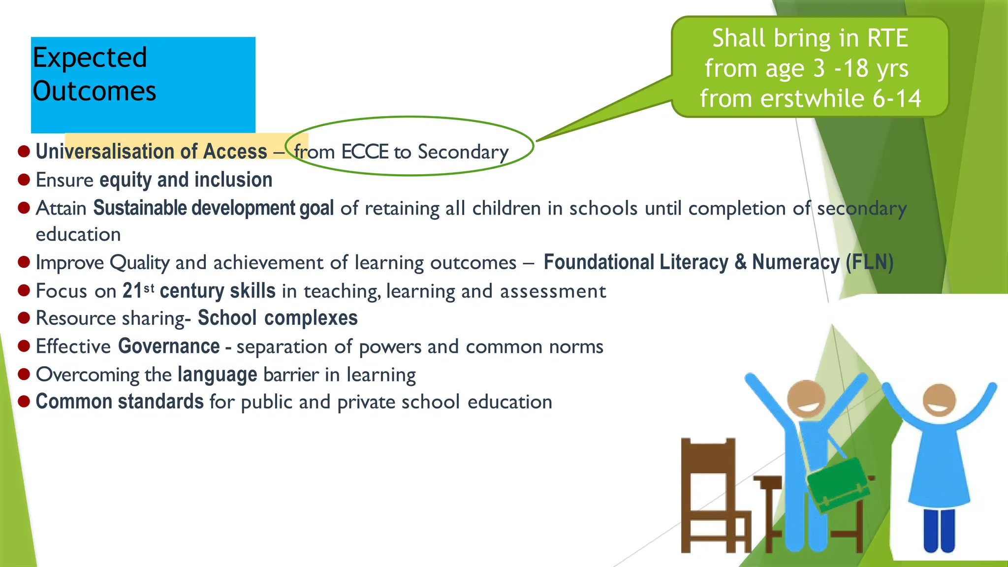 Expected
Outcomes
●Universalisation of Access – from ECCE to Secondary
●Ensure equity and inclusion
●Attain Sustainable development goal of retaining all children in schools until completion of secondary
education
●Improve Quality and achievement of learning outcomes – Foundational Literacy & Numeracy (FLN)
●Focus on 21st century skills in teaching, learning and assessment
●Resource sharing- School complexes
●Effective Governance - separation of powers and common norms
●Overcoming the language barrier in learning
●Common standards for public and private school education
Shall bring in RTE
from age 3 -18 yrs
from erstwhile 6-14
 