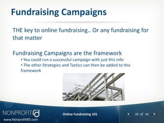 Fundraising Campaigns
     THE key to online fundraising.. Or any fundraising for
     that matter

     Fundraising Campaigns are the framework
         • You could run a successful campaign with just this info
         • The other Strategies and Tactics can then be added to this
         framework




                               Online Fundraising 101                   29 of 49
www.NonprofitRD.com
 