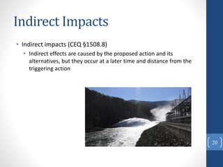 Indirect Impacts
• Indirect impacts (CEQ §1508.8)
• Indirect effects are caused by the proposed action and its
alternatives, but they occur at a later time and distance from the
triggering action
20
 