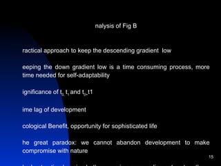 Analysis of Fig B Practical approach to keep the descending gradient  low Keeping the down gradient low is a time consuming process, more time needed for self-adaptability Significance of t 0,  t 1  and t 0+ t1 Time lag of development Ecological Benefit, opportunity for sophisticated life The great paradox: we cannot abandon development to make compromise with nature The best option keeping both curves in an ascending nature together At the worst, the environmental curve remaining horizontal with the ascending nature of development The sustainability concept of is maintaining the curve of environmental balance above EBoD. 