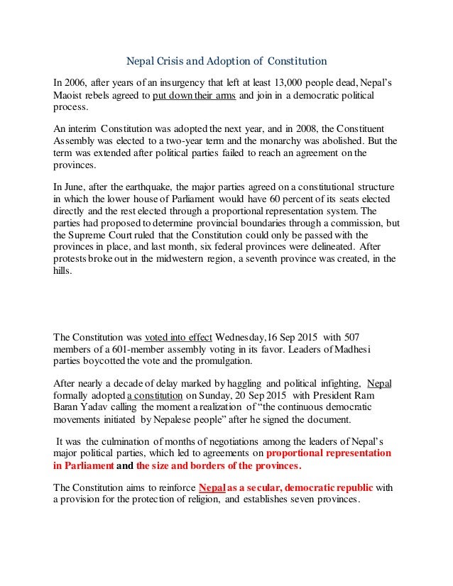 Nepal Crisis and adoption of New Constitution