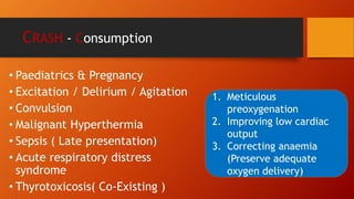 CRASH - Consumption
• Paediatrics & Pregnancy
• Excitation / Delirium / Agitation
• Convulsion
• Malignant Hyperthermia
• Sepsis ( Late presentation)
• Acute respiratory distress
syndrome
• Thyrotoxicosis( Co-Existing )
1. Meticulous
preoxygenation
2. Improving low cardiac
output
3. Correcting anaemia
(Preserve adequate
oxygen delivery)
 