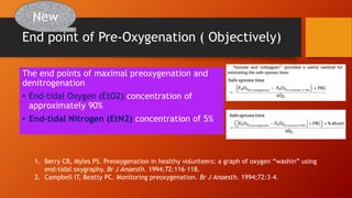End point of Pre-Oxygenation ( Objectively)
The end points of maximal preoxygenation and
denitrogenation
• End-tidal Oxygen (EtO2) concentration of
approximately 90%
• End-tidal Nitrogen (EtN2) concentration of 5%
1. Berry CB, Myles PS. Preoxygenation in healthy volunteers: a graph of oxygen “washin” using
end-tidal oxygraphy. Br J Anaesth. 1994;72:116–118.
2. Campbell IT, Beatty PC. Monitoring preoxygenation. Br J Anaesth. 1994;72:3–4.
New
 