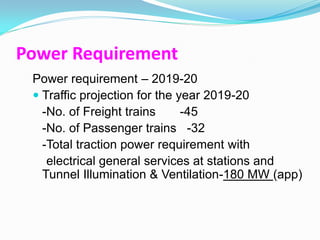 Power Requirement
 Power requirement – 2019-20
  Traffic projection for the year 2019-20
   -No. of Freight trains      -45
   -No. of Passenger trains -32
   -Total traction power requirement with
    electrical general services at stations and
   Tunnel Illumination & Ventilation-180 MW (app)
 