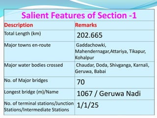Salient Features of Section -1
Description                         Remarks
Total Length (km)                   202.665
Major towns en-route                Gaddachowki,
                                    Mahendernagar,Attariya, Tikapur,
                                    Kohalpur
Major water bodies crossed          Chaudar, Doda, Shivganga, Karnali,
                                    Geruwa, Babai
No. of Major bridges                70
Longest bridge (m)/Name             1067 / Geruwa Nadi
No. of terminal stations/Junction   1/1/25
Stations/Intermediate Stations
 