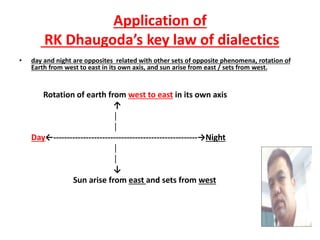 Application of
RK Dhaugoda’s key law of dialectics
• day and night are opposites related with other sets of opposite phenomena, rotation of
Earth from west to east in its own axis, and sun arise from east / sets from west.
Rotation of earth from west to east in its own axis
↑
│
│
Day←-----------------------------------------------------→Night
│
│
↓
Sun arise from east and sets from west
 