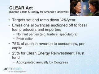 CLEAR Act ( Carbon Limits & Energy for America’s Renewal) Targets set and ramp down ¼%/year Emissions allowances auctioned off to fossil fuel producers and importers No third parties (e.g. traders, speculators) Price collar 75% of auction revenue to consumers, per capita 25% for Clean Energy Reinvestment Trust fund Appropriated annually by Congress 