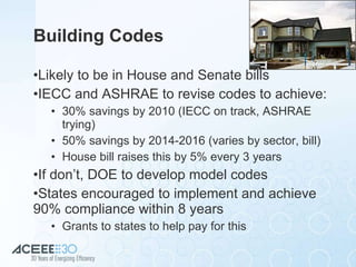 Building Codes Likely to be in House and Senate bills IECC and ASHRAE to revise codes to achieve: 30% savings by 2010 (IECC on track, ASHRAE trying) 50% savings by 2014-2016 (varies by sector, bill) House bill raises this by 5% every 3 years If don’t, DOE to develop model codes States encouraged to implement and achieve 90% compliance within 8 years Grants to states to help pay for this 