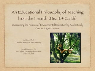 An Educational Philosophy of T
eaching
from the Hearth (Heart + Earth)
Overcoming the Failures of Environmental Education by Aesthetically
Connecting with Nature

Kurt Love, Ph.D.

Central Connecticut Sate University

Annual Meeting of the
New England Philosophy of Education
October 19, 2013

 