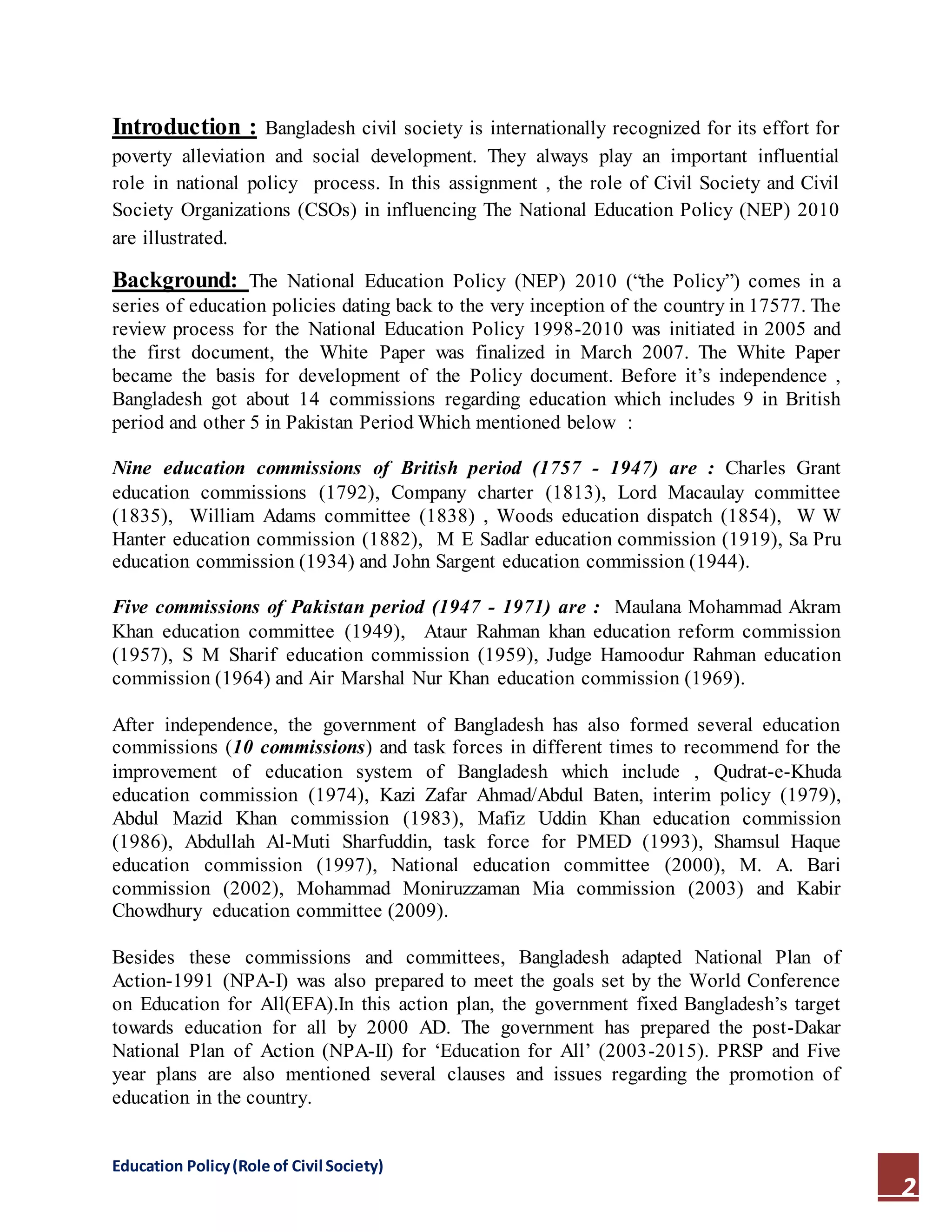 Role of Civil society on National Eduaction Policy 2010 | DOCX