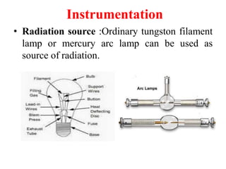 Instrumentation
• Radiation source :Ordinary tungston filament
lamp or mercury arc lamp can be used as
source of radiation.
 