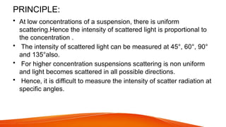 PRINCIPLE:
• At low concentrations of a suspension, there is uniform
scattering.Hence the intensity of scattered light is proportional to
the concentration .
• The intensity of scattered light can be measured at 45°, 60°, 90°
and 135°also.
• For higher concentration suspensions scattering is non uniform
and light becomes scattered in all possible directions.
• Hence, it is difficult to measure the intensity of scatter radiation at
specific angles.
 