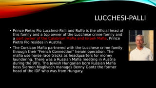 LUCCHESI-PALLI
• Prince Pietro Pio Lucchesi-Palli and Ruffo is the official head of
this family and a top owner of the Lucchese crime family and
a part owner of the Calabrian Mafia and Israeli Mafia. Prince
Pietro Pio resides in Austria.
• The Corsican Mafia partnered with the Lucchese crime family
through their "French Connection" heroin operation. The
mafia use horse race tracks as headquarters for money
laundering. There was a Russian Mafia meeting in Austria
during the 90's. The Jewish Hungarian born Russian Mafia
boss Siemen Moglivech manages Benny Gantz the former
head of the IDF who was from Hungary.
 