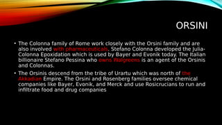 ORSINI
• The Colonna family of Rome work closely with the Orsini family and are
also involved with pharmaceuticals. Stefano Colonna developed the Julia-
Colonna Epoxidation which is used by Bayer and Evonik today. The Italian
billionaire Stefano Pessina who owns Walgreens is an agent of the Orsinis
and Colonnas.
• The Orsinis descend from the tribe of Urartu which was north of the
Akkadian Empire. The Orsini and Rosenberg families oversee chemical
companies like Bayer, Evonik, and Merck and use Rosicrucians to run and
infiltrate food and drug companies
 