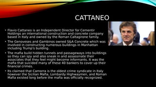 CATTANEO
• Flavio Cattaneo is an Independent Director for Cementir
Holdings an international construction and concrete company
based in Italy and owned by the Roman Caltagirone family.
• The Genoveses and Gambinos owned S&A Concrete which was
involved in constructing numerous buildings in Manhattan
including Trump's building.
• The mafia build hidden tunnels and passageways into buildings
so they can spy and also sneak in and assassinate their
associates that they feel might become informants. It was the
mafia that suicided many of these 40 bankers to cover up their
financial crimes.
• Its claimed that Camorra is the oldest crime syndicate in Italy
however the Sicilian Mafia, Lombardy Highwaymen, and Roman
Mafia existed long before the mafia was officially recognized.
 