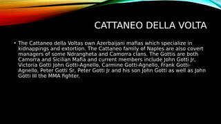 CATTANEO DELLA VOLTA
• The Cattaneo della Voltas own Azerbaijani mafias which specialize in
kidnappings and extortion. The Cattaneo family of Naples are also covert
managers of some Ndrangheta and Camorra clans. The Gottis are both
Camorra and Sicilian Mafia and current members include John Gotti Jr,
Victoria Gotti John Gotti-Agnello, Carmine Gotti-Agnello, Frank Gotti-
Agnello, Peter Gotti Sr, Peter Gotti Jr and his son John Gotti as well as John
Gotti III the MMA fighter.
 