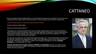CATTANEO
• Prince Andrea Cattaneo della Volta is an international businessman involved in financing and
energy and also a part owner of the Gambino crime syndicate and Camorra mafia clans.
http://andreacattaneo.co.uk/oilman-government-advisor/
Andrea Cattaneo Della Volta
Oilman & Government Advisor
I developed an understanding of the Country whilst negotiating the loan with Vietcombank,
short name for ‘Bank for foreign Trade of Socialist Republic of Vietnam’, and by meeting with
Government officials. Whilst I was working on this loan the Government asked me if I was
interested in trading Vietnamese petroleum.
Zenith was incorporated, as Canoel International Energy Ltd., under the Business Corporations
Act (British Columbia) on September 20, 2007, and fully listed on the TSX-V (Toronto Stock
Exchange- Venture) on December 5, 2008. The Company changed its name to Zenith
Energy Ltd. on September 30, 2014.
Zenith operates the largest onshore oilfield in Azerbaijan and has a number of gas
producing concessions in Italy. The Company’s Italian operations include the production of
electricity and condensate.
 
