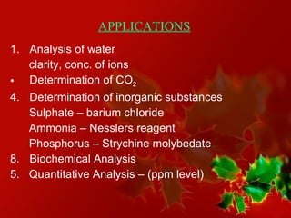 APPLICATIONS Analysis of water clarity, conc. of ions Determination of CO 2 Determination of inorganic substances Sulphate – barium chloride Ammonia – Nesslers reagent Phosphorus – Strychine molybedate Biochemical Analysis 5.  Quantitative Analysis – (ppm level) 