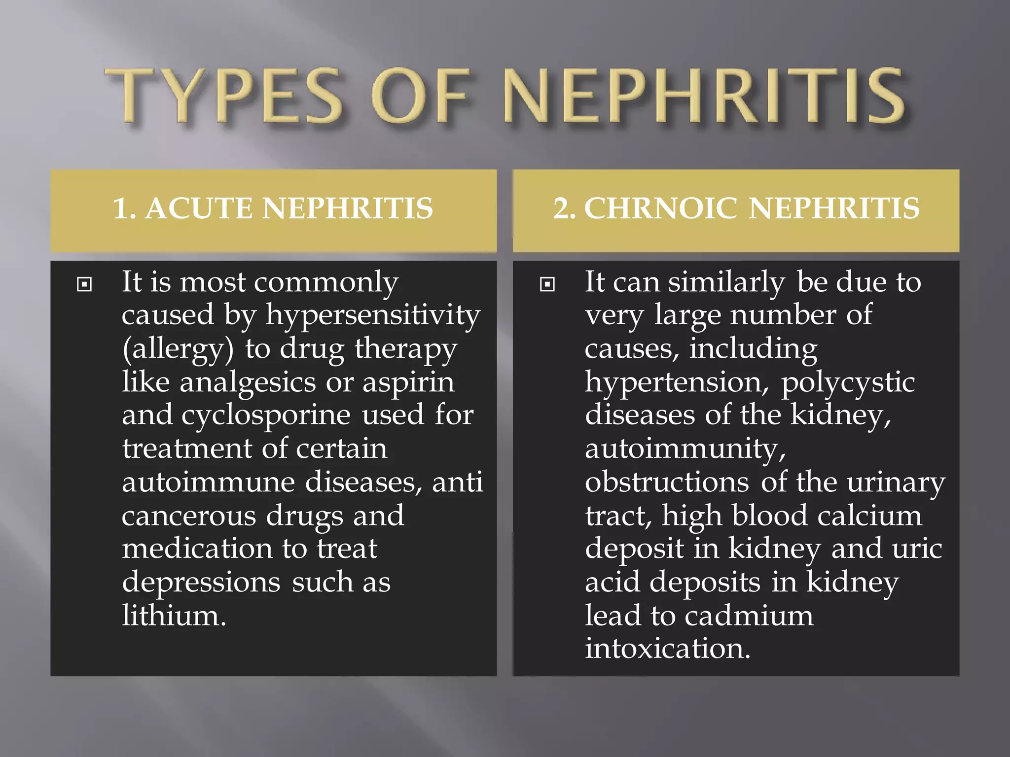 1. ACUTE NEPHRITIS 2. CHRNOIC NEPHRITIS
 It is most commonly
caused by hypersensitivity
(allergy) to drug therapy
like analgesics or aspirin
and cyclosporine used for
treatment of certain
autoimmune diseases, anti
cancerous drugs and
medication to treat
depressions such as
lithium.
 It can similarly be due to
very large number of
causes, including
hypertension, polycystic
diseases of the kidney,
autoimmunity,
obstructions of the urinary
tract, high blood calcium
deposit in kidney and uric
acid deposits in kidney
lead to cadmium
intoxication.
 