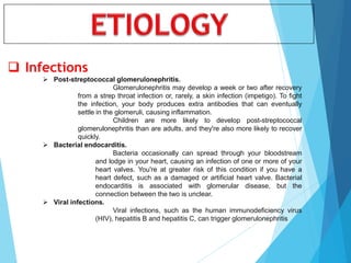  Infections
 Post-streptococcal glomerulonephritis.
Glomerulonephritis may develop a week or two after recovery
from a strep throat infection or, rarely, a skin infection (impetigo). To fight
the infection, your body produces extra antibodies that can eventually
settle in the glomeruli, causing inflammation.
Children are more likely to develop post-streptococcal
glomerulonephritis than are adults, and they're also more likely to recover
quickly.
 Bacterial endocarditis.
Bacteria occasionally can spread through your bloodstream
and lodge in your heart, causing an infection of one or more of your
heart valves. You're at greater risk of this condition if you have a
heart defect, such as a damaged or artificial heart valve. Bacterial
endocarditis is associated with glomerular disease, but the
connection between the two is unclear.
 Viral infections.
Viral infections, such as the human immunodeficiency virus
(HIV), hepatitis B and hepatitis C, can trigger glomerulonephritis
 