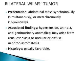  Presentation: abdominal mass synchronously
(simultaneously) or metachronously
(sequentially).
 Associated findings: hypertension, aniridia,
and genitourinary anomalies; may arise from
renal dysplasia or nodular or diffuse
nephroblastomatosis.
 Histology: usually favorable.
 