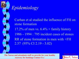 Epidemiology
Curhan et al studied the influence of FH on
stone formation
17.2% of men vs. 6.4% + family history
1986 - 1994 : 795 incident cases of stones
RR of stone formation in men with +FH
2.57 (95% CI 2.19 - 3.02)
Brought to you by
The Nurses and attendants staff we provide for your healthy
recovery for bookings Contact Us:-
 