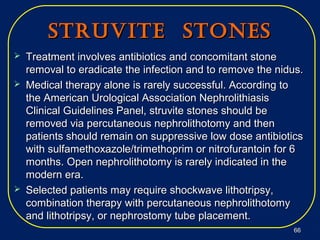 StrUvite StoneSStrUvite StoneS
 Treatment involves antibiotics and concomitant stoneTreatment involves antibiotics and concomitant stone
removal to eradicate the infection and to remove the nidus.removal to eradicate the infection and to remove the nidus.
 Medical therapy alone is rarely successful. According toMedical therapy alone is rarely successful. According to
the American Urological Association Nephrolithiasisthe American Urological Association Nephrolithiasis
Clinical Guidelines Panel, struvite stones should beClinical Guidelines Panel, struvite stones should be
removed via percutaneous nephrolithotomy and thenremoved via percutaneous nephrolithotomy and then
patients should remain on suppressive low dose antibioticspatients should remain on suppressive low dose antibiotics
with sulfamethoxazole/trimethoprim or nitrofurantoin for 6with sulfamethoxazole/trimethoprim or nitrofurantoin for 6
months. Open nephrolithotomy is rarely indicated in themonths. Open nephrolithotomy is rarely indicated in the
modern era.modern era.
 Selected patients may require shockwave lithotripsy,Selected patients may require shockwave lithotripsy,
combination therapy with percutaneous nephrolithotomycombination therapy with percutaneous nephrolithotomy
and lithotripsy, or nephrostomy tube placement.and lithotripsy, or nephrostomy tube placement.
6666
 
