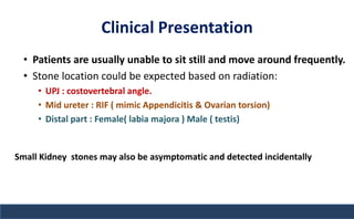 Clinical Presentation
• Patients are usually unable to sit still and move around frequently.
• Stone location could be expected based on radiation:
• UPJ : costovertebral angle.
• Mid ureter : RIF ( mimic Appendicitis & Ovarian torsion)
• Distal part : Female( labia majora ) Male ( testis)
Small Kidney stones may also be asymptomatic and detected incidentally
 