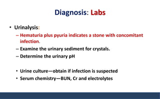 Diagnosis: Labs
• Urinalysis:
– Hematuria plus pyuria indicates a stone with concomitant
infection.
– Examine the urinary sediment for crystals.
– Determine the urinary pH
• Urine culture—obtain if infection is suspected
• Serum chemistry—BUN, Cr and electrolytes
 