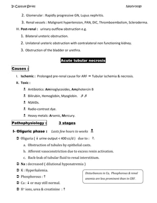 In Capsule Series Nephrology
2. Glomerular : Rapidly progressive GN, Lupus nephritis.
3. Renal vessels : Malignant hypertension, PAN, DIC, Thromboembolism, Scleroderma.
III. Post-renal : urinary outflow obstruction e.g.
1. Bilateral ureteric obstruction.
2. Unilateral ureteric obstruction with contralateral non functioning kidney.
3. Obstruction of the bladder or urethra.
Acute tubular necrosis
Causes :
I. Ischemic : Prolonged pre-renal cause for ARF  Tubular ischemia & necrosis.
II. Toxic :
 Antibiotics: Aminoglycosides, Amphotercin B
 Bilirubin, Hemoglobin, Myoglobin. 
 NSAIDs.
 Radio-contrast dye.
 Heavy metals: Arsenic, Mercury.
Pathophysiology : 3 stages
I- Oliguric phase : Lasts few hours to weeks 
 Oliguria (  urine output < 400 cc/d ) due to : 
a. Obstruction of tubules by epithelial casts.
b. Afferent vasoconstriction due to excess renin activation.
c. Back-leak of tubular fluid to renal interstitium.
 Na : decreased ( dilutional hyponatremia )
 K : Hyperkalemia.
 Phosphorous : 
 Ca :  or may still normal.
 H+ ions, urea & creatinine : 
Disturbances in Ca, Phosphorous & renal
anemia are less prominent than in CRF.
 