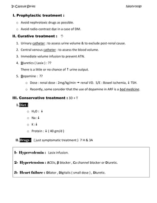 In Capsule Series Nephrology
I. Prophylactic treatment :
o Avoid nephrotoxic drugs as possible.
o Avoid radio-contrast dye in a case of DM.
II. Curative treatment : 
1. Urinary catheter : to assess urine volume & to exclude post-renal cause.
2. Central venous catheter : to assess the blood volume.
3. Immediate volume infusion to prevent ATN.
4. Diuretics ( Lasix ) : ??
There is a little or no chance of  urine output.
5. Dopamine : ??
o Dose : renal dose : 2mg/kg/min  renal VD. S/E : Bowel ischemia,  TSH.
o Recently, some consider that the use of dopamine in ARF is a bad medicine.
III. Conservative treatment : 3D + T
I. Diet :
o H2O : 
o Na :
o K :
o Protein :  ( 40 gm/d )
II. Drugs : ( just symptomatic treatment ) 7 H & 3A
1- Hypervolemia : Lasix infusion.
2- Hypertension : ACEIs, β blocker , Ca channel blocker or Diuretic.
3- Heart failure : Dilator , Digitalis ( small dose ) , Diuretic.
 
