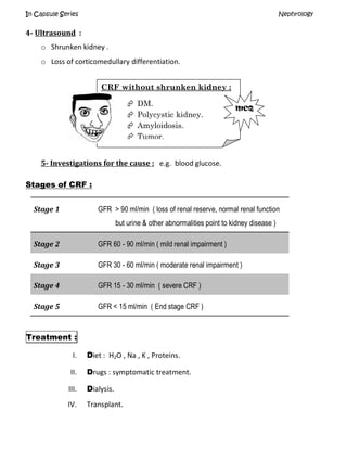 In Capsule Series Nephrology
4- Ultrasound :
o Shrunken kidney .
o Loss of corticomedullary differentiation.
5- Investigations for the cause : e.g. blood glucose.
Stages of CRF :
Stage 1 GFR > 90 ml/min ( loss of renal reserve, normal renal function
but urine & other abnormalities point to kidney disease )
Stage 2 GFR 60 - 90 ml/min ( mild renal impairment )
Stage 3 GFR 30 - 60 ml/min ( moderate renal impairment )
Stage 4 GFR 15 - 30 ml/min ( severe CRF )
Stage 5 GFR < 15 ml/min ( End stage CRF )
Treatment :
I. Diet : H2O , Na , K , Proteins.
II. Drugs : symptomatic treatment.
III. Dialysis.
IV. Transplant.
CRF without shrunken kidney :
 DM.
 Polycystic kidney.
 Amyloidosis.
 Tumor.
MCQ
 