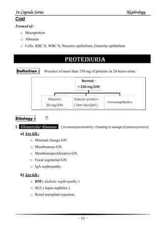 In Capsule SeriesIn Capsule SeriesIn Capsule SeriesIn Capsule Series NephrologyNephrologyNephrologyNephrology
-55-
Cast
Formed of:
o Mucoprotein
o Albumin
o Cells: RBC`S, WBC`S, Necrotic epithelium, Granular epithelium
PROTEINURIA
Definition : Presence of more than 150 mg of proteins in 24 hours urine.
Etiology :
I.I.I.I. Glomerular diseases :Glomerular diseases :Glomerular diseases :Glomerular diseases : ( increased permeability leading to leakage of plasma proteins)
a) 1ry GN :
o Minimal change GN.
o Membranous GN.
o Membranoproliferative GN.
o Focal segmental GN.
o IgA nephropathy.
b) 2ry GN :
o DM ( diabetic nephropathy )
o SLE ( lupus nephritis )
o Renal transplant rejection.
 