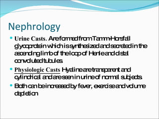 Nephrology Urine Casts.  Are formed from Tamm-Horsfall glycoprotein which is synthesized and secreted in the ascending limb of the loop of Henle and distal convoluted tubules. Physiologic Casts  Hyaline are transparent and cylindrical and are seen in urine of normal subjects.  Both can be increased by fever, exercise and volume depletion 