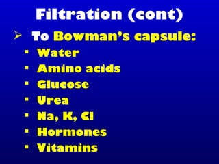 Filtration (cont)
 To Bowman’s capsule:
 Water
 Amino acids
 Glucose
 Urea
 Na, K, Cl
 Hormones
 Vitamins
 