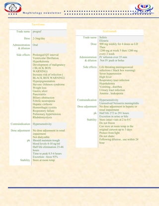 N e p h r o l o g y n e w s l e t t e r
Tacrolimus
Trade name prograf
Dose 2-3mg/day
Administration
& dilution
Oral
Side effects Prolonged QT interval
Ventricular fibrillation
Hyperkalemia
Development of malignancy
( BLACK BOX
WARNING)
Increase risk of infection (
BLACK BOX WARNING)
Hyperpigmentation
Stevens -Johnson syndrome
Weight loss
Gastric ulcer
Pancreatitis
Biliary obstruction
Febrile neutropenia
Hepatic cirrhosis
Hemorrhagic cystitis
Respiratory failure
Pulmonary hypertension
Rhabdomyolysis
Contraindication Hypersensitivity
Dose adjustment No dose adjustment in renal
impairment
Not dialyzable
pk Should maintain trough
blood levels 4-10 ng/ml
Half life elimination 23-46
hours
Time to peak 0.5-6 hours
Excretion : feces 93%
Stability Store at room temp
Eculizumab
Trade name Soliris
Elizaria
Dose 900 mg weekly for 4 doses as LD
Then
1200 mg at week 5 then 1200 mg
every 2 week
Administration
& dilution
IV infusion over 35 min
Not IV push or bolus
Side effects Life threating meningococcal
infections ( black box warning)
Sever hypertension
High fever
Respiratory tract infection
Hypokalemia
Vomiting , diarrhea
Urinary tract infection
Anemia , leukopenia
Contraindication Hypersensitivity
Unresolved Neisseria meningitidis
Dose adjustment No dose adjustment in hepatic or
renal impairment
pk Half life 272 to 291 hours
Excretion in urine or bile
Stability Store intact vials at 2 to 8 C
Do not freeze
Can store at room temp in the
original cartoon up to 3 days
Protect from light
Do not shake
Following dilution , use within 24
hour
 