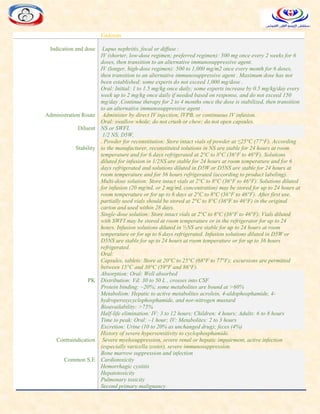 Endoxan
Indication and dose Lupus nephritis, focal or diffuse :
IV (shorter, low-dose regimen; preferred regimen): 500 mg once every 2 weeks for 6
doses, then transition to an alternative immunosuppressive agent.
IV (longer, high-dose regimen): 500 to 1,000 mg/m2 once every month for 6 doses,
then transition to an alternative immunosuppressive agent . Maximum dose has not
been established; some experts do not exceed 1,000 mg/dose .
Oral: Initial: 1 to 1.5 mg/kg once daily; some experts increase by 0.5 mg/kg/day every
week up to 2 mg/kg once daily if needed based on response, and do not exceed 150
mg/day .Continue therapy for 2 to 4 months once the dose is stabilized, then transition
to an alternative immunosuppressive agent .
Administration Route Administer by direct IV injection, IVPB, or continuous IV infusion.
Oral: swallow whole; do not crush or chew; do not open capsules.
Diluent NS or SWFI.
1/2 NS, D5W,
Stability
. Powder for reconstitution: Store intact vials of powder at ≤25°C (77°F). According
to the manufacturer, reconstituted solutions in NS are stable for 24 hours at room
temperature and for 6 days refrigerated at 2°C to 8°C (36°F to 46°F). Solutions
diluted for infusion in 1/2NS are stable for 24 hours at room temperature and for 6
days refrigerated and solutions diluted in D5W or D5NS are stable for 24 hours at
room temperature and for 36 hours refrigerated (according to product labeling).
Multi-dose solution: Store intact vials at 2°C to 8°C (36°F to 46°F). Solutions diluted
for infusion (20 mg/mL or 2 mg/mL concentration) may be stored for up to 24 hours at
room temperature or for up to 6 days at 2°C to 8°C (36°F to 46°F). After first use,
partially used vials should be stored at 2°C to 8°C (36°F to 46°F) in the original
carton and used within 28 days.
Single-dose solution: Store intact vials at 2°C to 8°C (36°F to 46°F). Vials diluted
with SWFI may be stored at room temperature or in the refrigerator for up to 24
hours. Infusion solutions diluted in ½NS are stable for up to 24 hours at room
temperature or for up to 6 days refrigerated. Infusion solutions diluted in D5W or
D5NS are stable for up to 24 hours at room temperature or for up to 36 hours
refrigerated.
Oral:
Capsules, tablets: Store at 20°C to 25°C (68°F to 77°F); excursions are permitted
between 15°C and 30°C (59°F and 86°F).
PK
Absorption: Oral: Well absorbed
Distribution: Vd: 30 to 50 L , crosses into CSF
Protein binding: ~20%; some metabolites are bound at >60%
Metabolism: Hepatic to active metabolites acrolein, 4-aldophosphamide, 4-
hydroperoxycyclophosphamide, and nor-nitrogen mustard
Bioavailability: >75%
Half-life elimination: IV: 3 to 12 hours; Children: 4 hours; Adults: 6 to 8 hours
Time to peak: Oral: ~1 hour; IV: Metabolites: 2 to 3 hours
Excretion: Urine (10 to 20% as unchanged drug); feces (4%)
Contraindication
History of severe hypersensitivity to cyclophosphamide.
Severe myelosuppression, severe renal or hepatic impairment, active infection
(especially varicella zoster), severe immunosuppression.
Common S.E
Bone marrow suppression and infection
Cardiotoxicity
Hemorrhagic cystitis
Hepatotoxicity
Pulmonary toxicity
Second primary malignancy
 