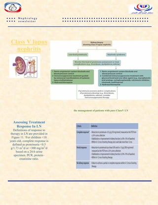 N e p h r o l o g y
n e w s l e t t e r
Class V lupus
nephritis
the management of patients with pure ClassV LN
Assessing Treatment
Response In LN
Definitions of response to
therapy in LN are provided in
Figure 11. ∗For children <18
years old, complete response is
defined as proteinuria <0.5
g/1.73 m2
/d or <300 mg/m2
/d
based on a 24-h urine
specimen. PCR, protein–
creatinine ratio.
 