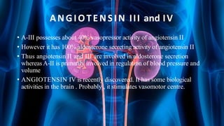 ANGIOTENSIN III and IV
• A-III possesses about 40% vasopressor activity of angiotensin II
• However it has 100% aldosterone secreting activity of angiotensin II
• Thus angiotensin II and III are involved in aldosterone secretion
whereas A-II is primarily involved in regulation of blood pressure and
volume
• ANGIOTENSIN IV is recently discovered. It has some biological
activities in the brain . Probably , it stimulates vasomotor centre.
 