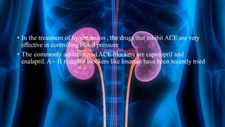• In the treatment of hypertension , the drugs that inhibit ACE are very
effective in controlling blood pressure
• The commonly administered ACE blockers are capotopril and
enalapril. A – II receptor blockers like losartan have been recently tried
.
 