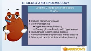 ETIOLOGY AND EPIDEMIOLOGY
Leading Categories of Etiologies
of CKD∗
 Diabetic glomerular disease
 Glomerulonephritis
 Hypertensive nephropathy
 Primary glomerulopathy with hypertension
 Vascular and ischemic renal disease
 Autosomal dominant polycystic kidney disease
 Other cystic and tubulointerstitial nephropathy
 