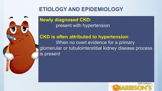 ETIOLOGY AND EPIDEMIOLOGY
Newly diagnosed CKD:
present with hypertension
CKD is often attributed to hypertension:
When no overt evidence for a primary
glomerular or tubulointerstitial kidney disease process
is present
 