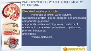 PATHOPHYSIOLOGY AND BIOCHEMISTRY
OF UREMIA
Elevated waste products:
Hundreds of toxins, water-soluble,
hydrophobic, protein- bound, charged, and uncharged
compounds, guanidino
compounds, urates and hippurates, products of
nucleic acid metabolism, polyamines, myoinositol,
phenols, benzoates,
and indoles
‘middle molecules’
 