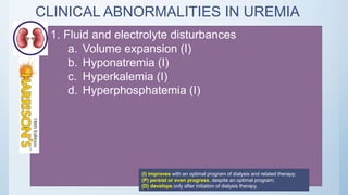 CLINICAL ABNORMALITIES IN UREMIA
1. Fluid and electrolyte disturbances
a. Volume expansion (I)
b. Hyponatremia (I)
c. Hyperkalemia (I)
d. Hyperphosphatemia (I)
(I) improves with an optimal program of dialysis and related therapy;
(P) persist or even progress, despite an optimal program;
(D) develops only after initiation of dialysis therapy.
 