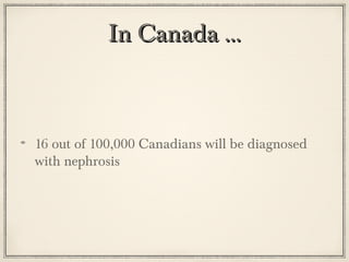 In Canada ...

16 out of 100,000 Canadians will be diagnosed
with nephrosis

 