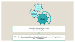 Prednisolone 60mg/m2/day for 4 weeks
(max dose 60mg/day)
Followed by alternate-day prednisolone 40mg/m2/day for 4 weeks (max dose 40mg/day), the taper
over 4 weeks and stop
 