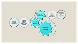 Referral to
Paediatric
Nephrologist
Failure to
achieve
response to
initial 4 weeks
treatment
Urine dipstix
trace or nil
for 3
consecutive
days
Achieve
remission
within 28
days (80%)
 