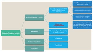 Steroids-Sparing agents
Cyclophosphamide Therapy
Dose : 2-3mg/kg/day for 8-12
weeks (cumulative dose
168mg/kg)
Side effect leucopenia, alopecia,
hemorrhagic cystitis
Counseled about effectiveness
Need to monitor FBC and
urinalysis by 2 weekly
Relapse post
Cyclophosphamide
Treated as for relapse following
the initial diagnosis of nephrotic
syndrome, IF child does not have
sign of steroid toxicity.
Levamisole
Dose 2.5mg/kg on alternate days
for at least 12 month
Calcineurin inhibitor
Cyclosporin
Tacrolimus
Rituximab
 